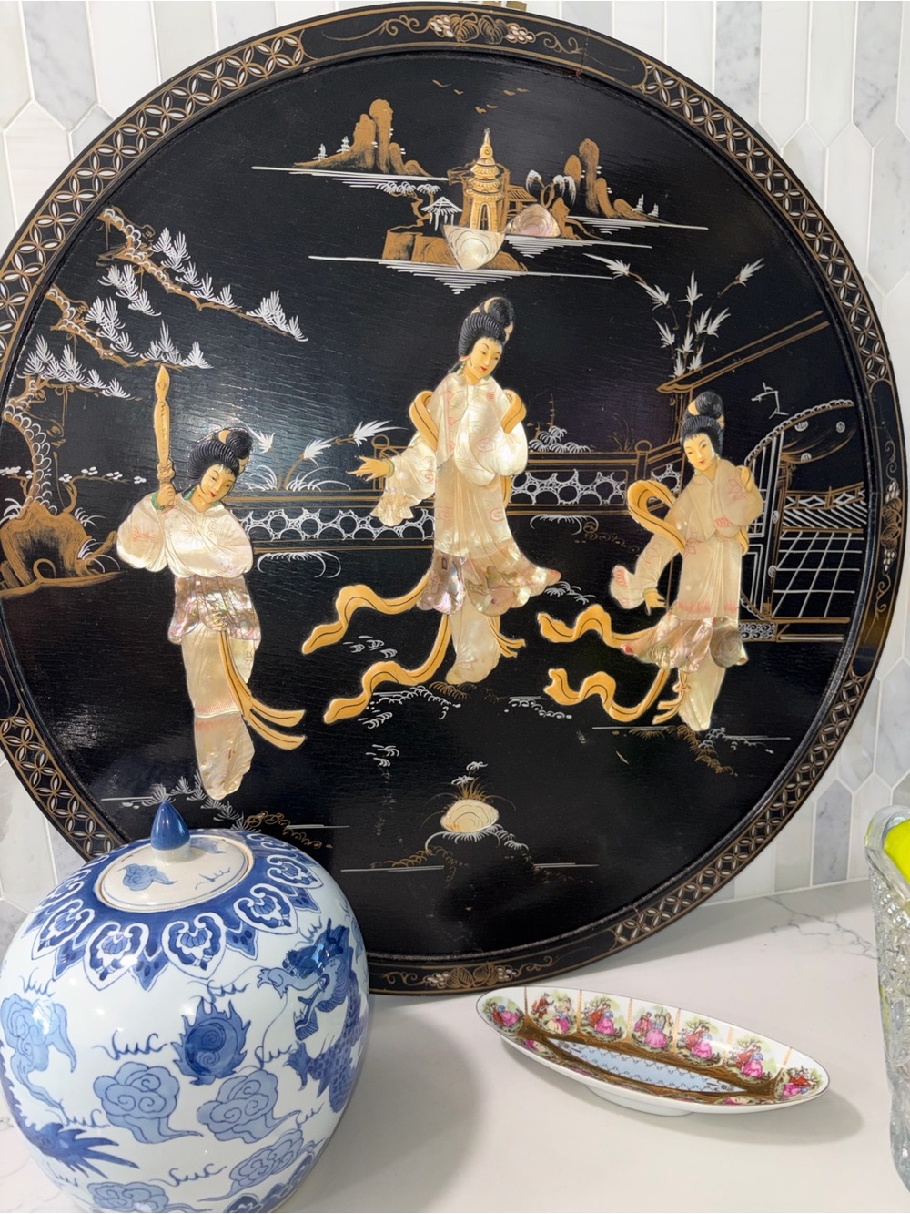 Asian mother of peal inlay round wall plaque